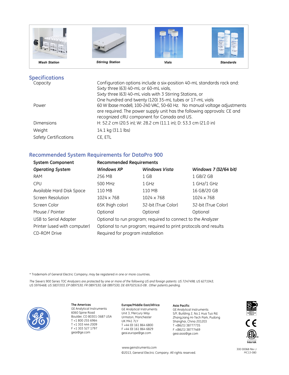 Specifications, Recommended system requirements for datapro 900 | GE P&W Ultrapure and Drinking Water TOC Analyzers - GE Autosampler, DataPro and DataGuard Software For use with Sievers 900 and 5310 C TOC Analyzers User Manual | Page 4 / 4
