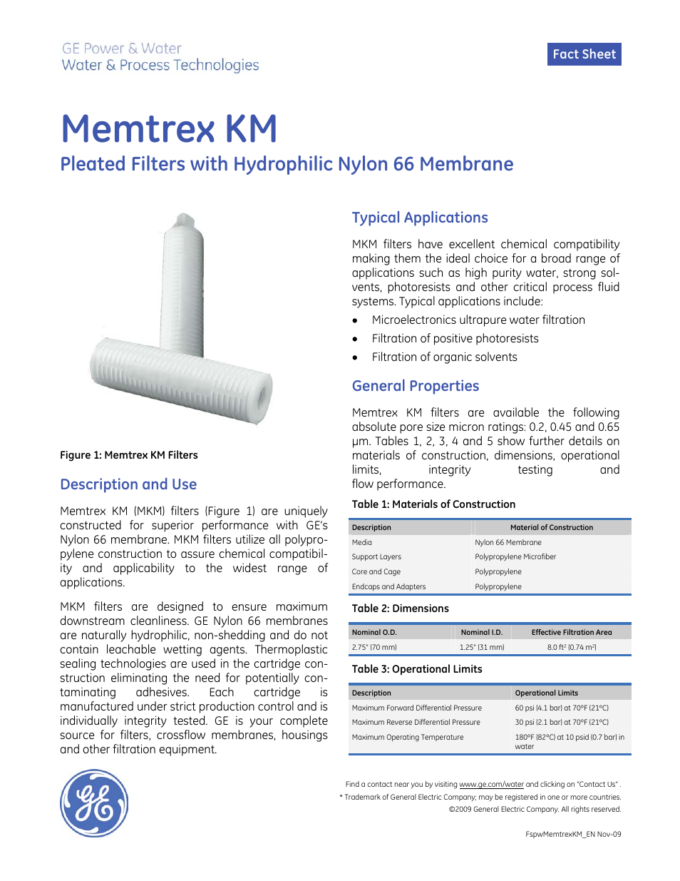 GE P&W Pleated Filters - Memtrex KM User Manual | 2 pages