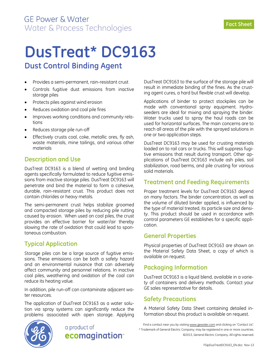 GE P&W CoalPlus - DusTreat DC9163 User Manual | 1 page