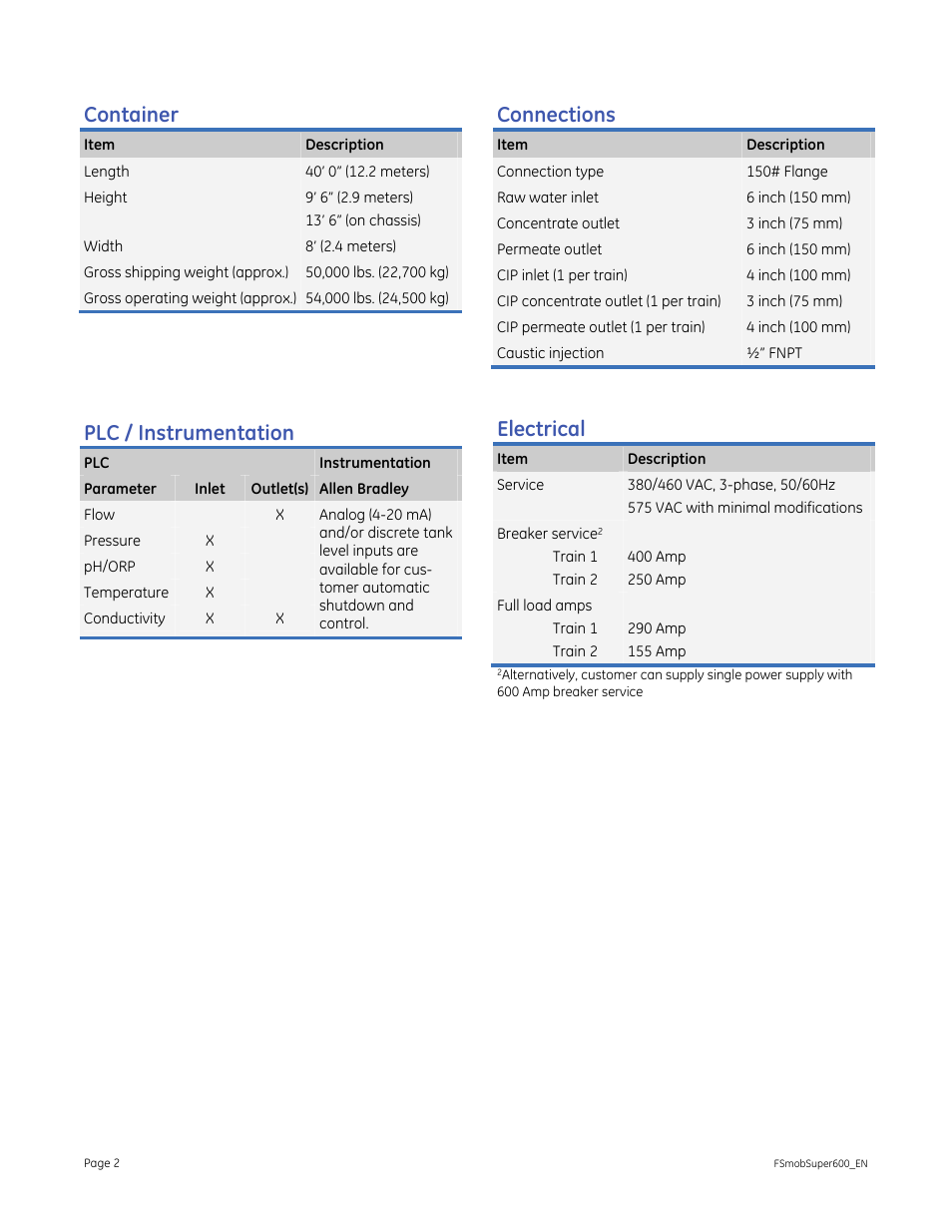 Container, Plc / instrumentation, Connections | Electrical | GE P&W Mobile Water Treatment Systems - Super 600 MobileRO User Manual | Page 2 / 2