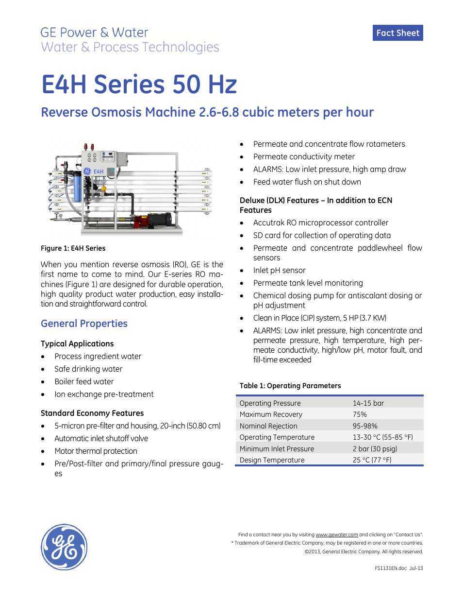 GE P&W E-Series Reverse Osmosis - E4H 50 Hz User Manual | 2 pages