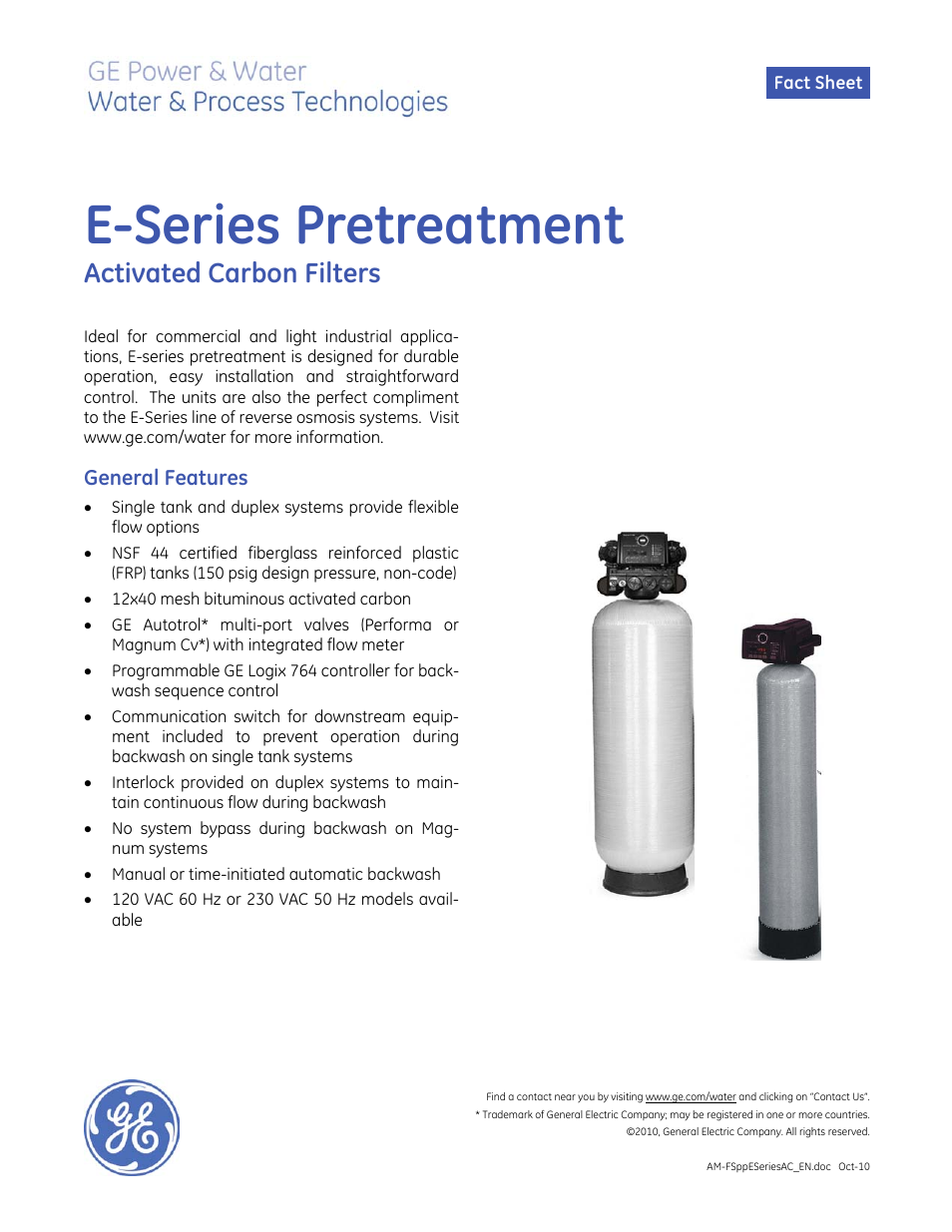 GE P&W E-Series Pretreatment - Activated Carbon Filters User Manual | 2 pages