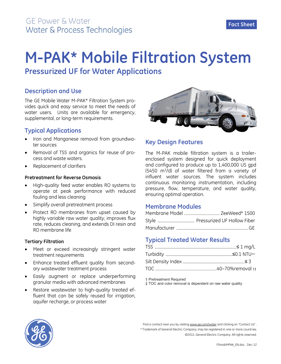 GE P&W Mobile Water Treatment Systems - M-PAK Mobile Filtration System User Manual | 2 pages