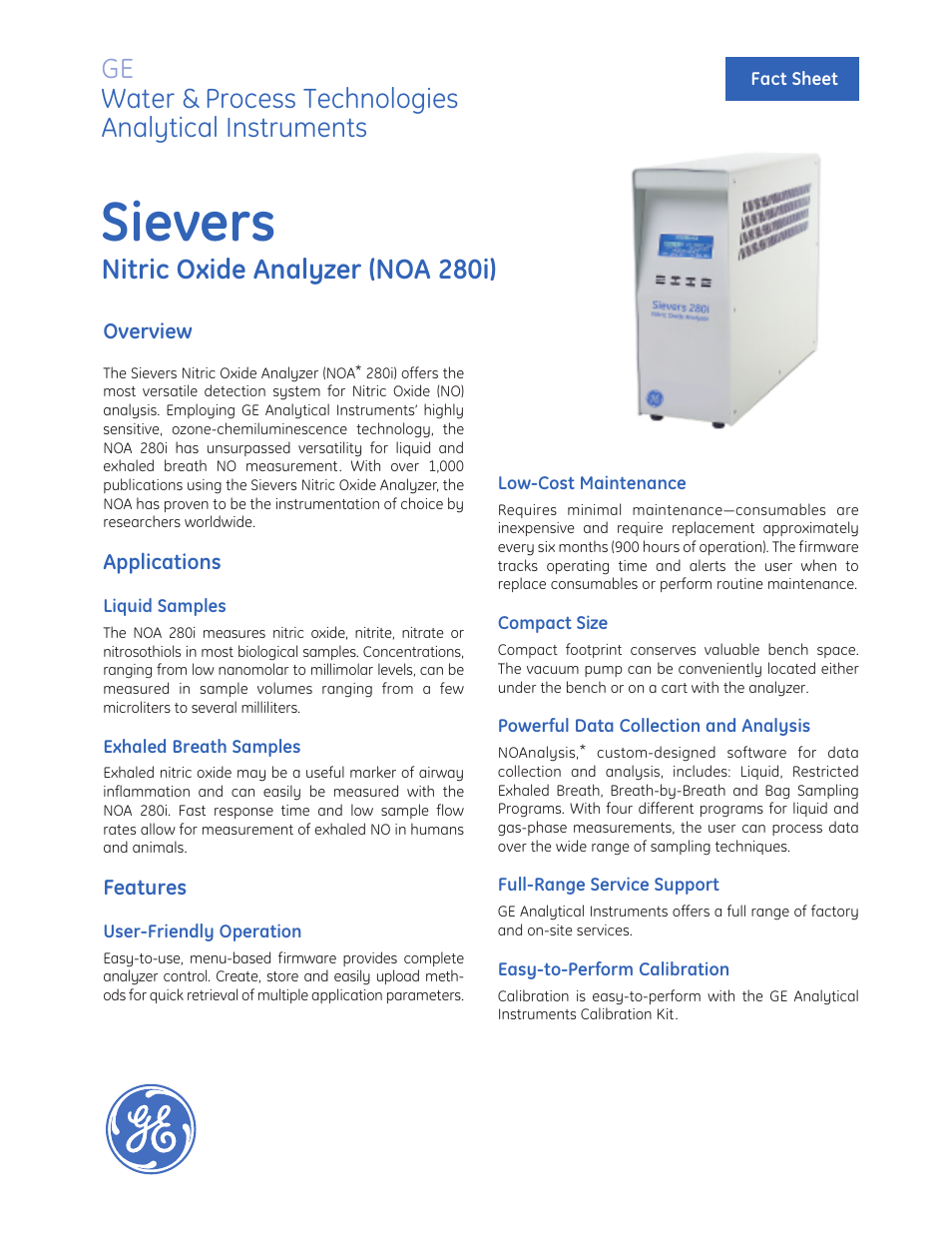 GE P&W Ultrapure and Drinking Water TOC Analyzers - Sievers Nitric Oxide Analyzer (NOA 280i) User Manual | 4 pages