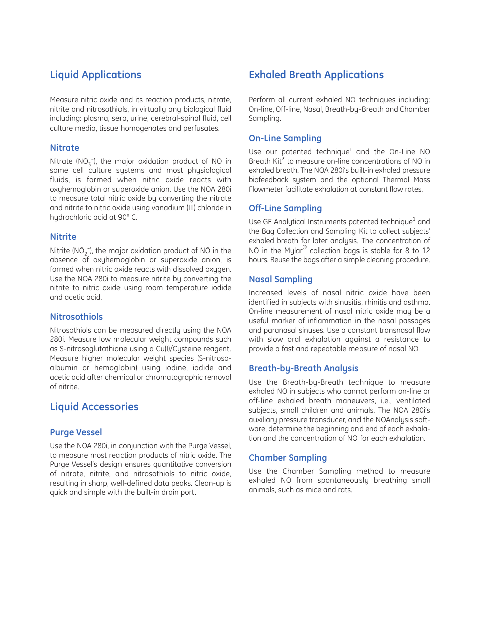 Liquid applications, Liquid accessories, Exhaled breath applications | GE P&W Ultrapure and Drinking Water TOC Analyzers - Sievers Nitric Oxide Analyzer (NOA 280i) User Manual | Page 2 / 4