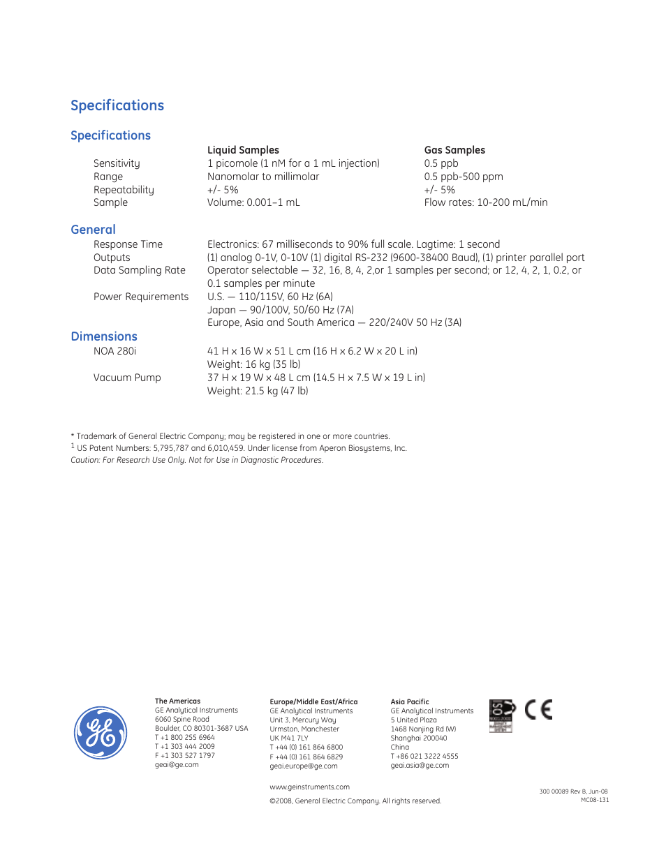 Specifications, General, Dimensions | GE P&W Ultrapure and Drinking Water TOC Analyzers - Sievers Nitric Oxide Analyzer (NOA 280i) User Manual | Page 4 / 4