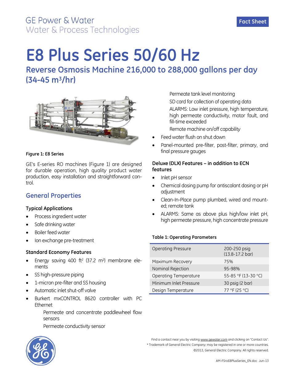 GE P&W E-Series Reverse Osmosis - E8 Plus Series 50_60 Hz User Manual | 2 pages