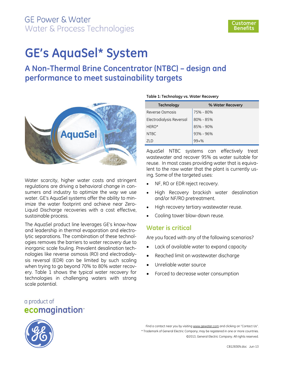 GE P&W AquaSel Desalination System User Manual | 2 pages