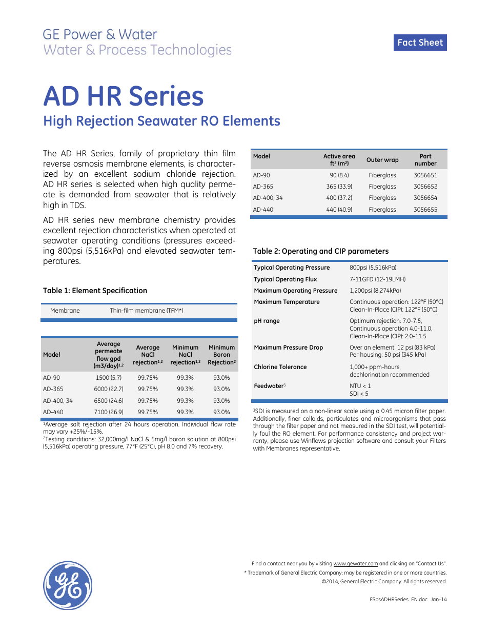 GE P&W Spiral Wound Membranes - AD HR Series User Manual | 2 pages