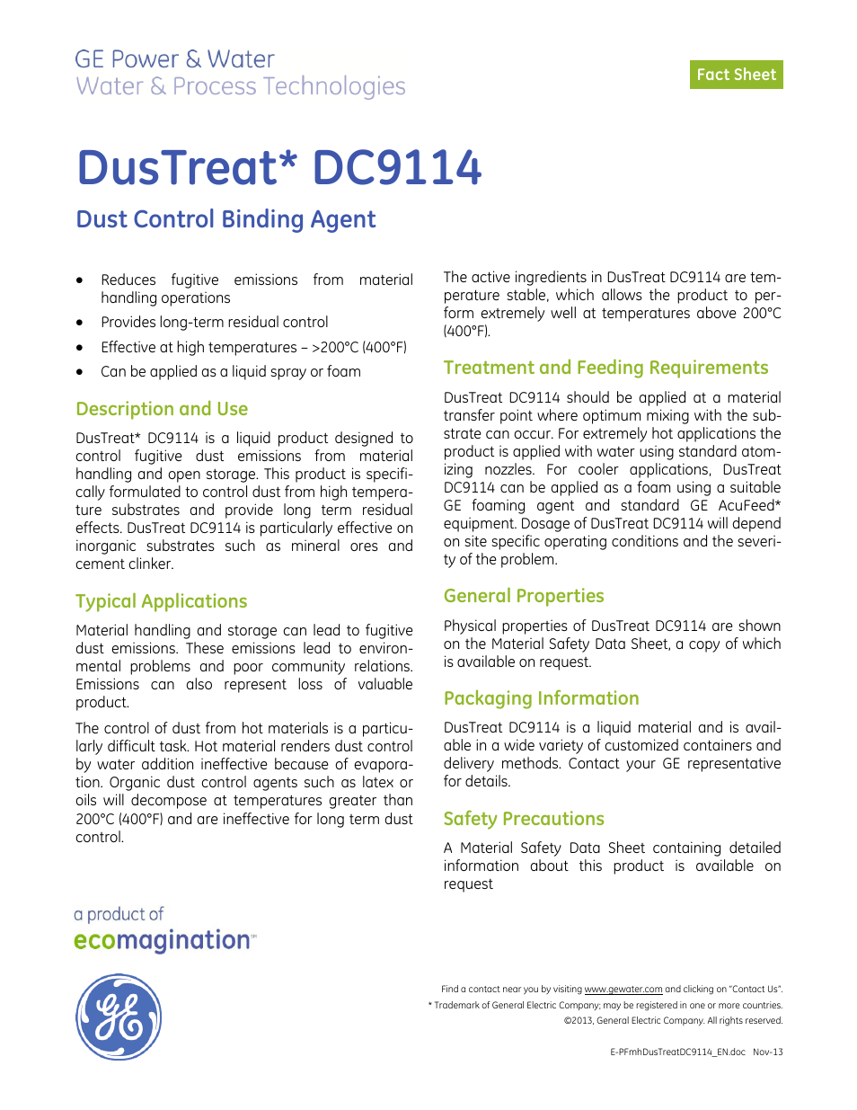 GE P&W CoalPlus - DusTreat DC9114 User Manual | 1 page