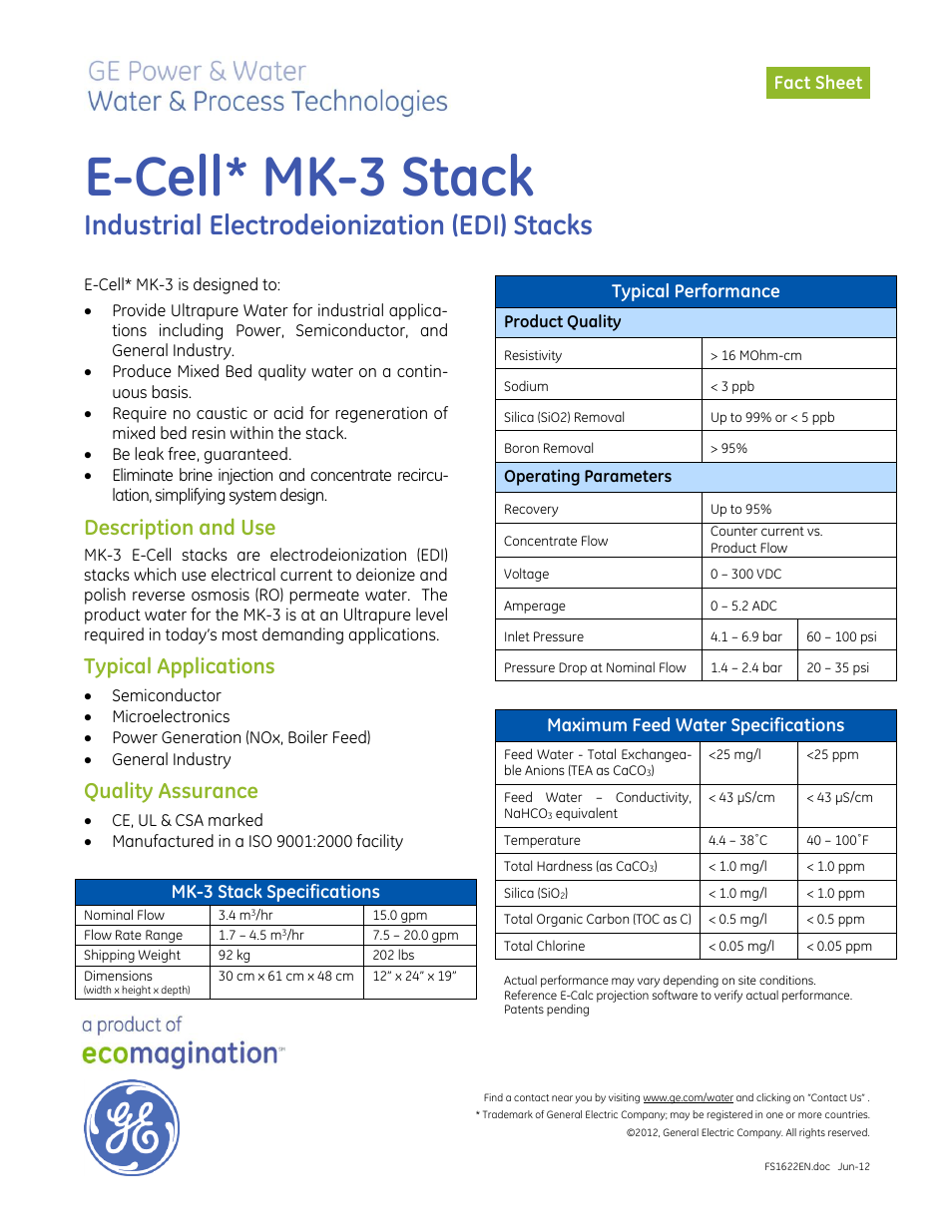 GE P&W Electrodeionization (EDI) - E-Cell MK-3 Stack User Manual | 1 page