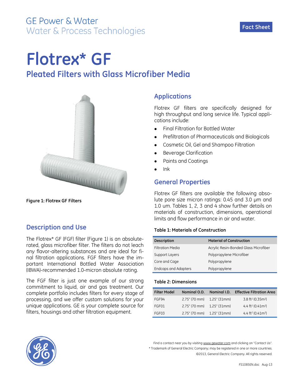 GE P&W Pleated Filters - Flotrex GF User Manual | 2 pages