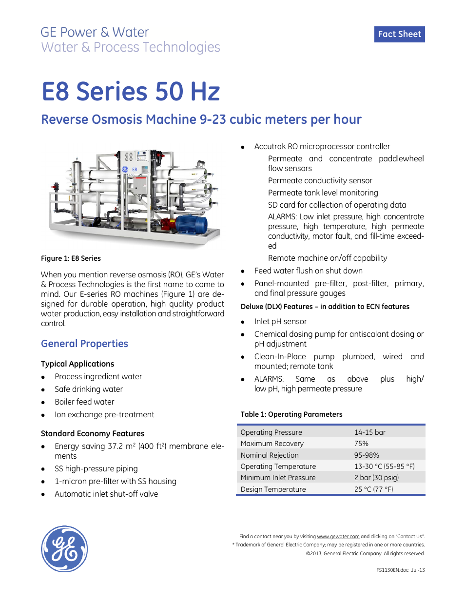 GE P&W E-Series Reverse Osmosis - E8 50 Hz User Manual | 2 pages