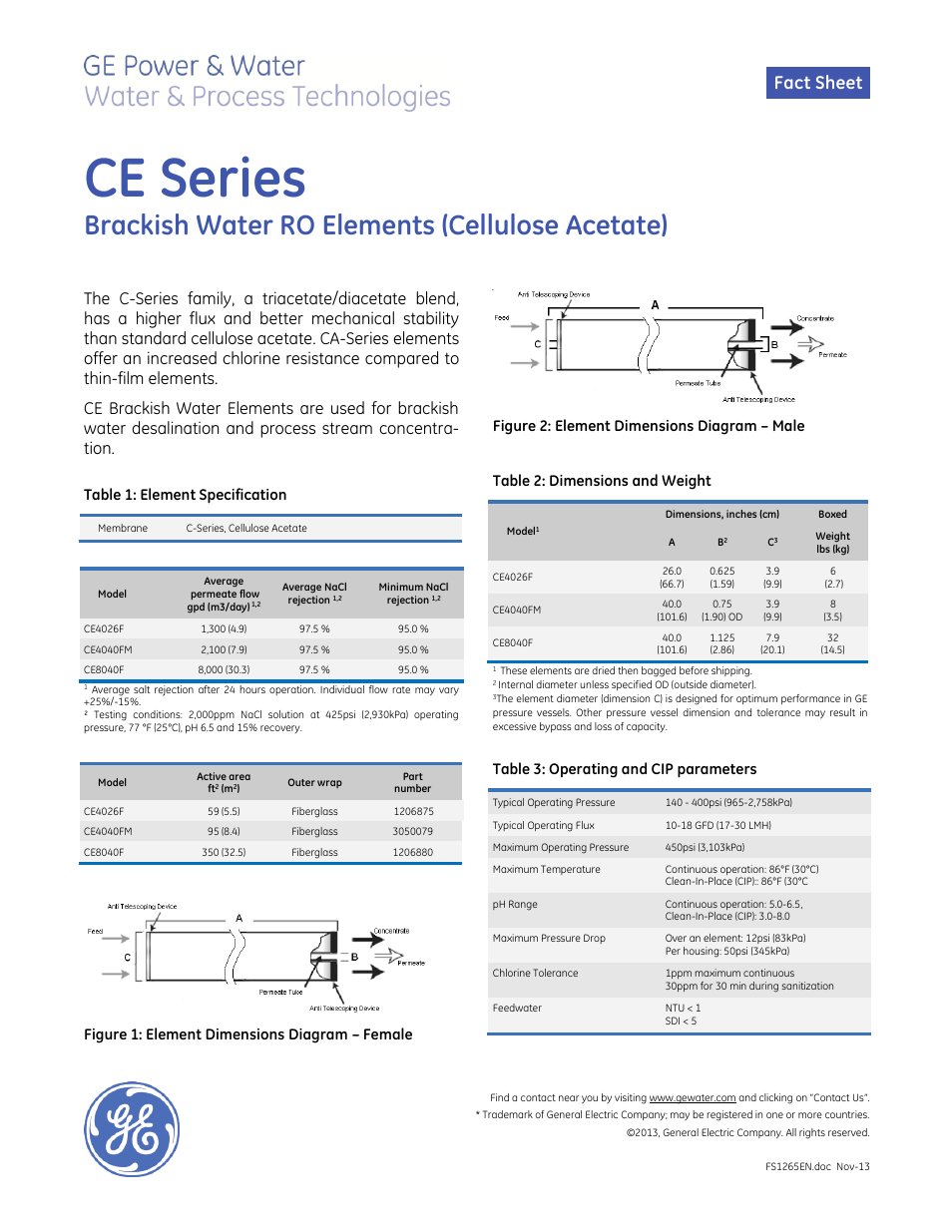 GE P&W Spiral Wound Membranes - CE Series User Manual | 1 page