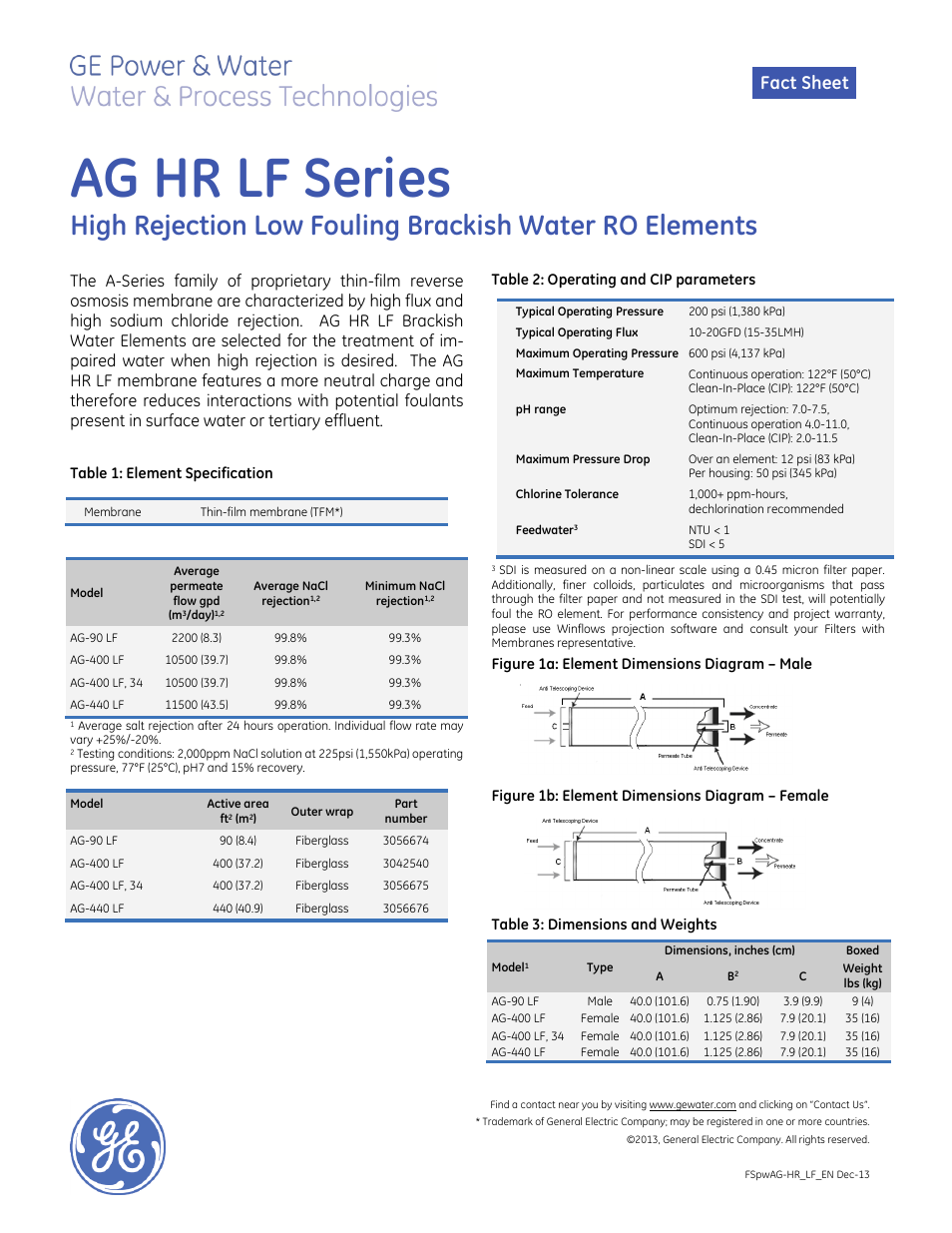 GE P&W Spiral Wound Membranes - AG HR LF Series User Manual | 1 page