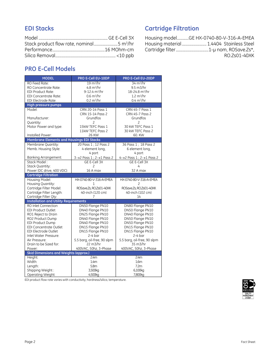 Edi stacks, Cartridge filtration, Pro e-cell models | GE P&W PRO E-Cell EU Series User Manual | Page 2 / 2