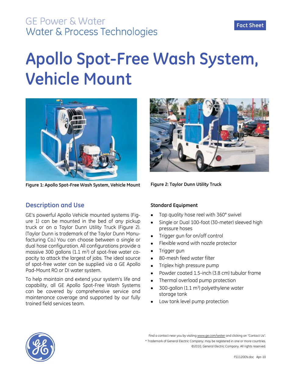 GE P&W Service Deionization (SDI) - Apollo Spot-Free Wash System, Vehicle Mount User Manual | 2 pages