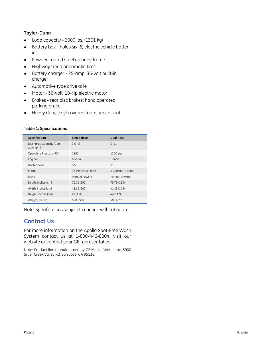 Contact us | GE P&W Service Deionization (SDI) - Apollo Spot-Free Wash System, Vehicle Mount User Manual | Page 2 / 2