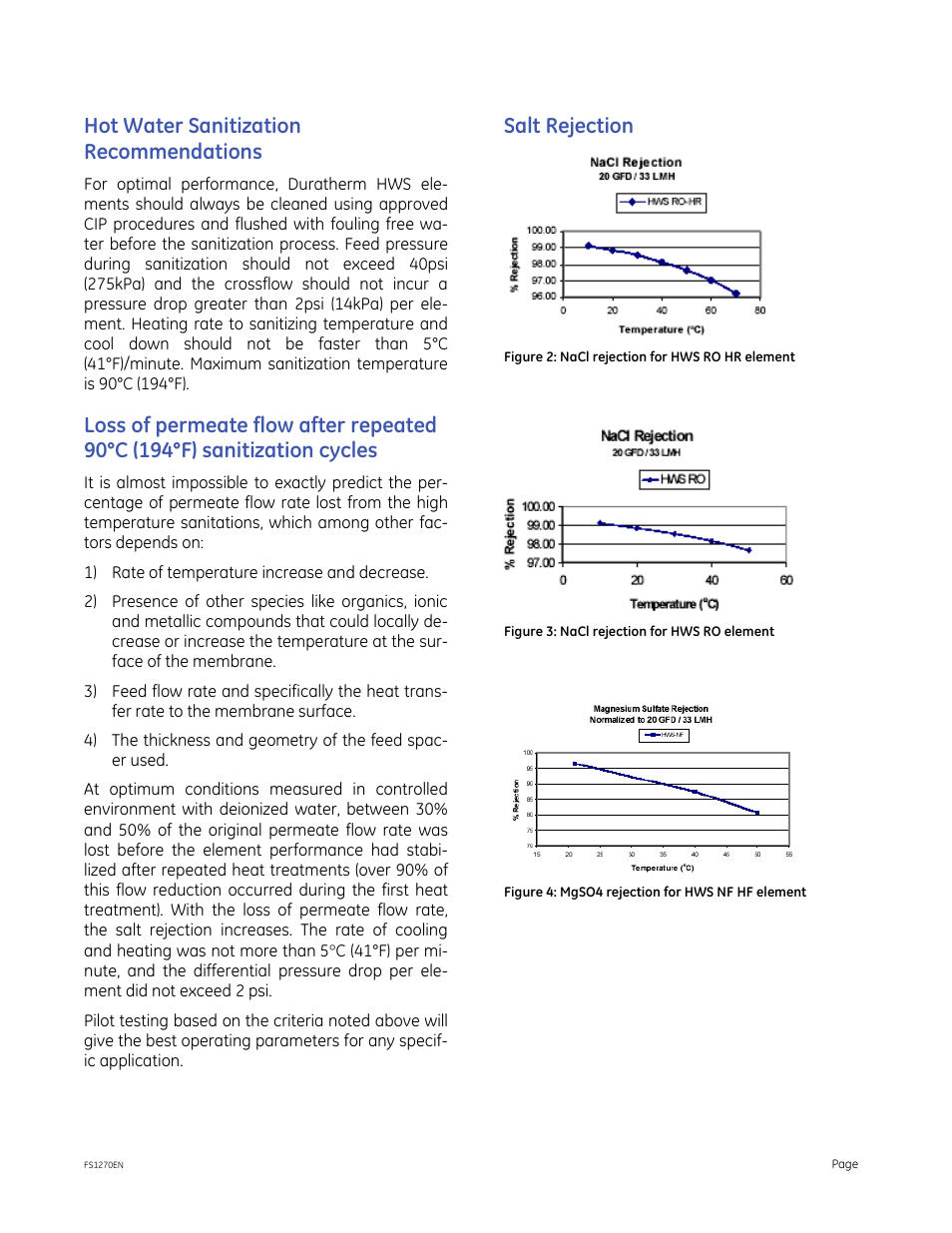 Hot water sanitization recommendations, Salt rejection | GE P&W Spiral Wound Membranes - Duratherm HWS Series User Manual | Page 3 / 4