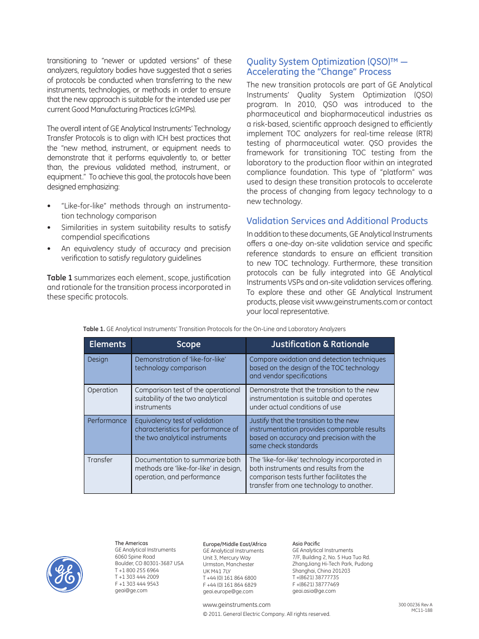 Validation services and additional products, Elements scope justification & rationale | GE P&W Ultrapure and Drinking Water TOC Analyzers - Sievers Technology Transfer Protocols User Manual | Page 2 / 2