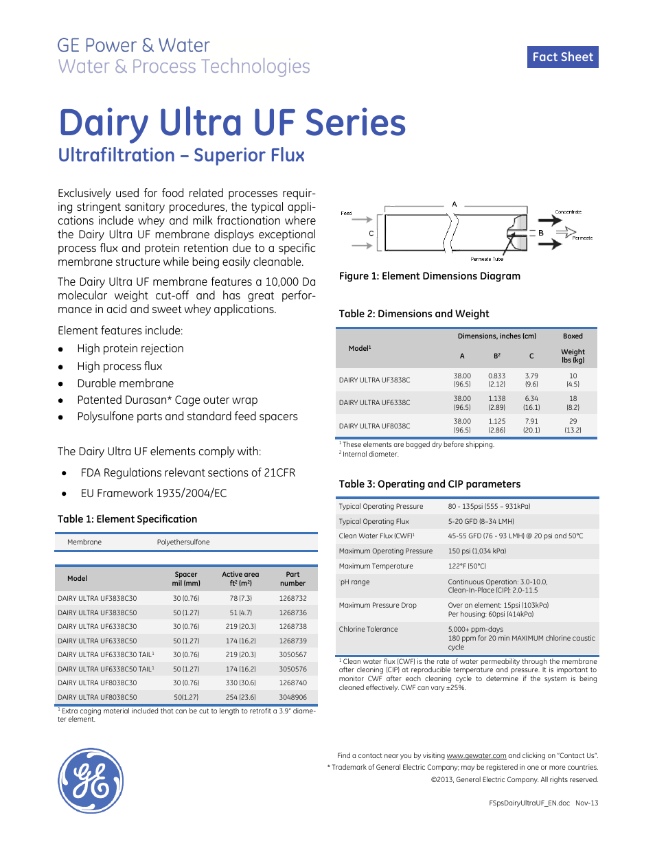 GE P&W Spiral Wound Membranes - Dairy Ultra UF Series User Manual | 1 page