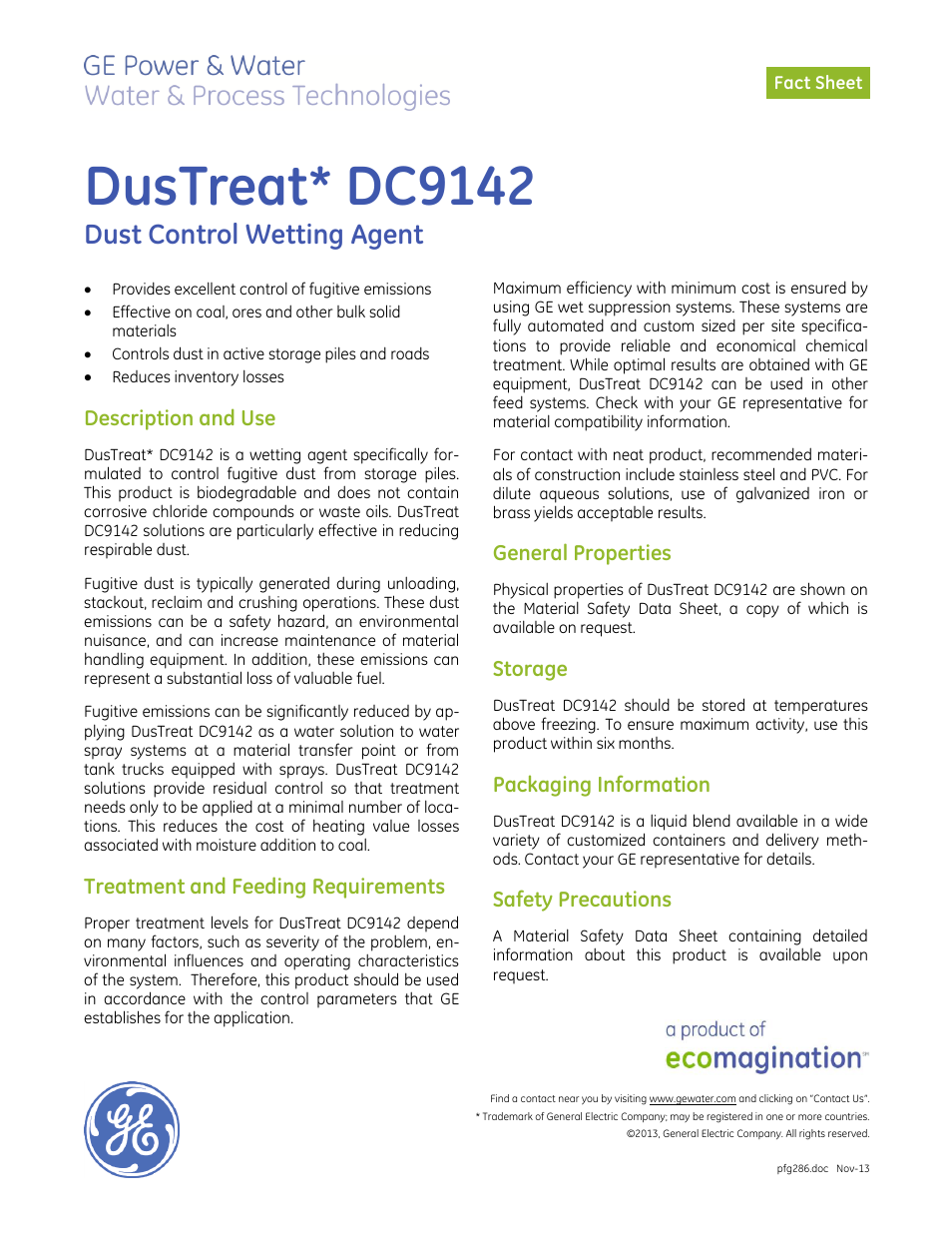 GE P&W CoalPlus - DusTreat DC9142 User Manual | 1 page