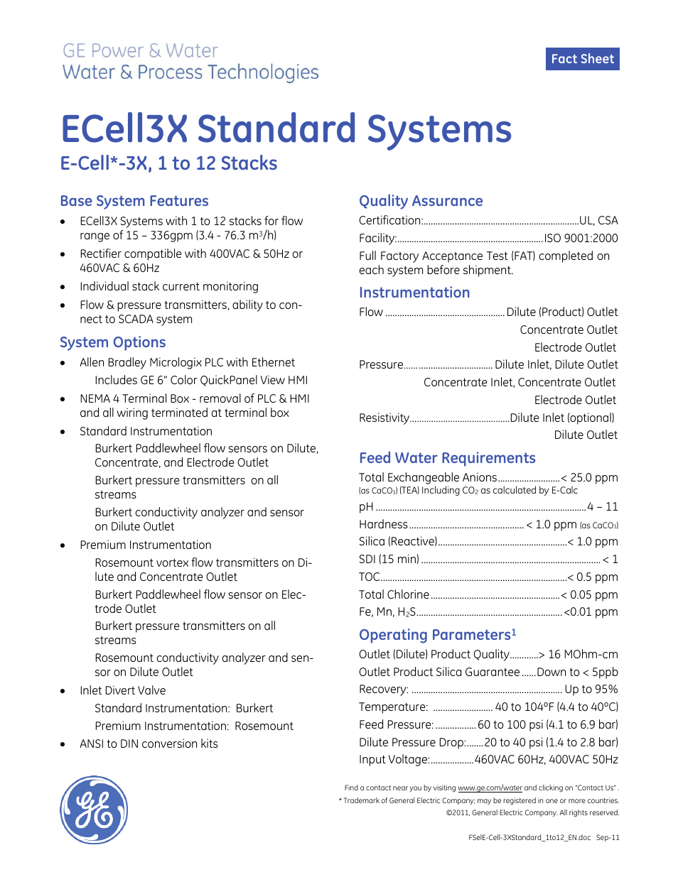 GE P&W Electrodeionization (EDI) - E-Cell-3X Standard Systems, 1 to 12 Stacks User Manual | 2 pages