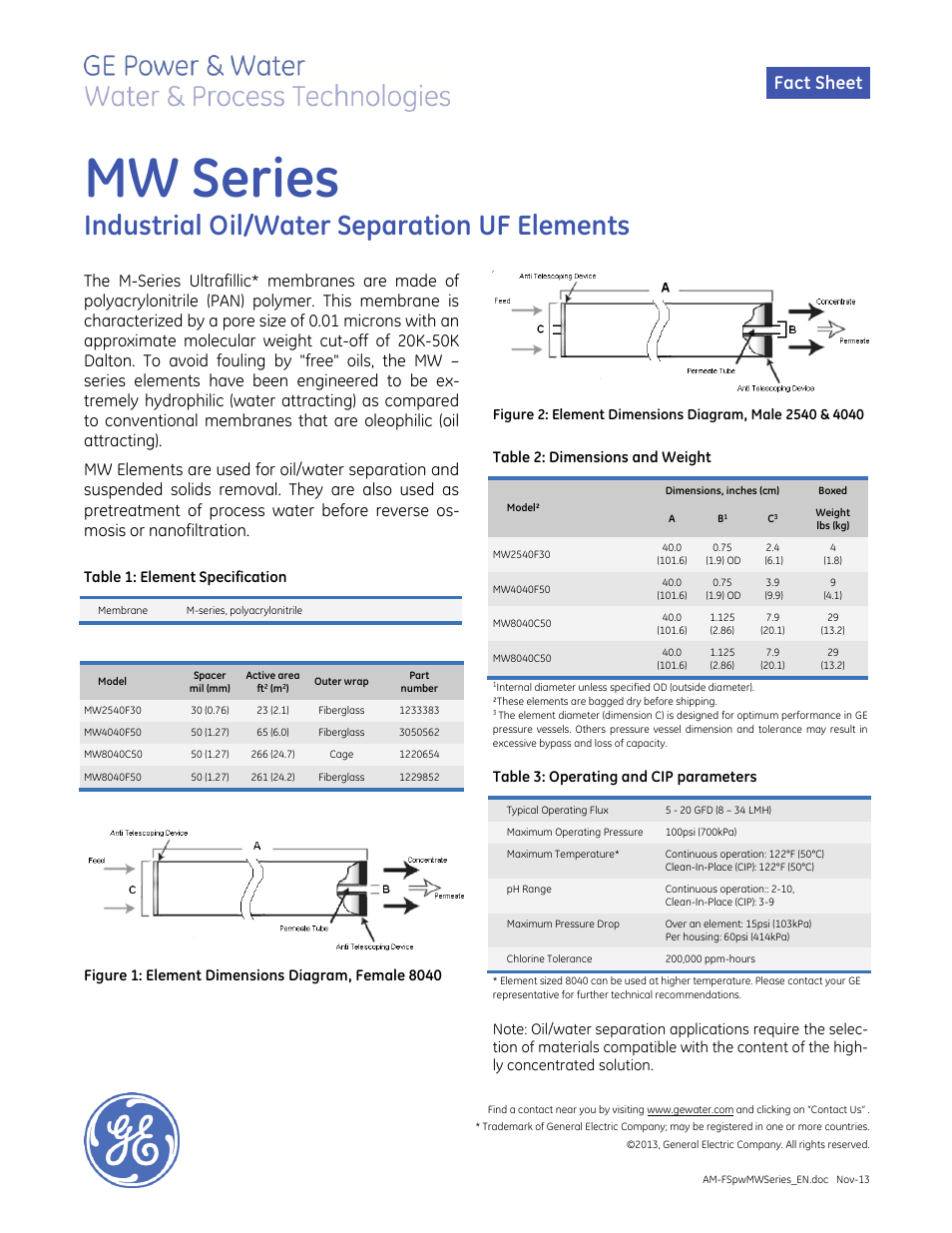 GE P&W Spiral Wound Membranes - MW Series User Manual | 1 page