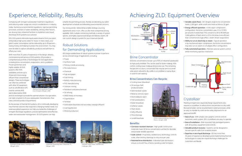 Brine concentrator, Crystallizer, Robust solutions for demanding applications | Brine concentrators can recycle, Benefits | GE P&W Zero Liquid Discharge User Manual | Page 2 / 2