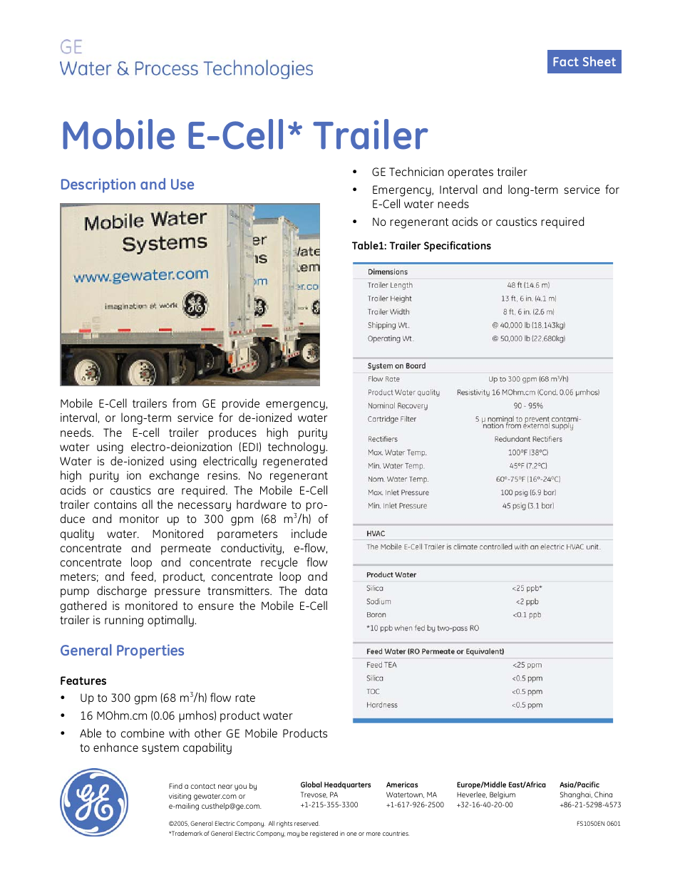 GE P&W Mobile Water Treatment Systems - Mobile E-Cell Trailer User Manual | 2 pages