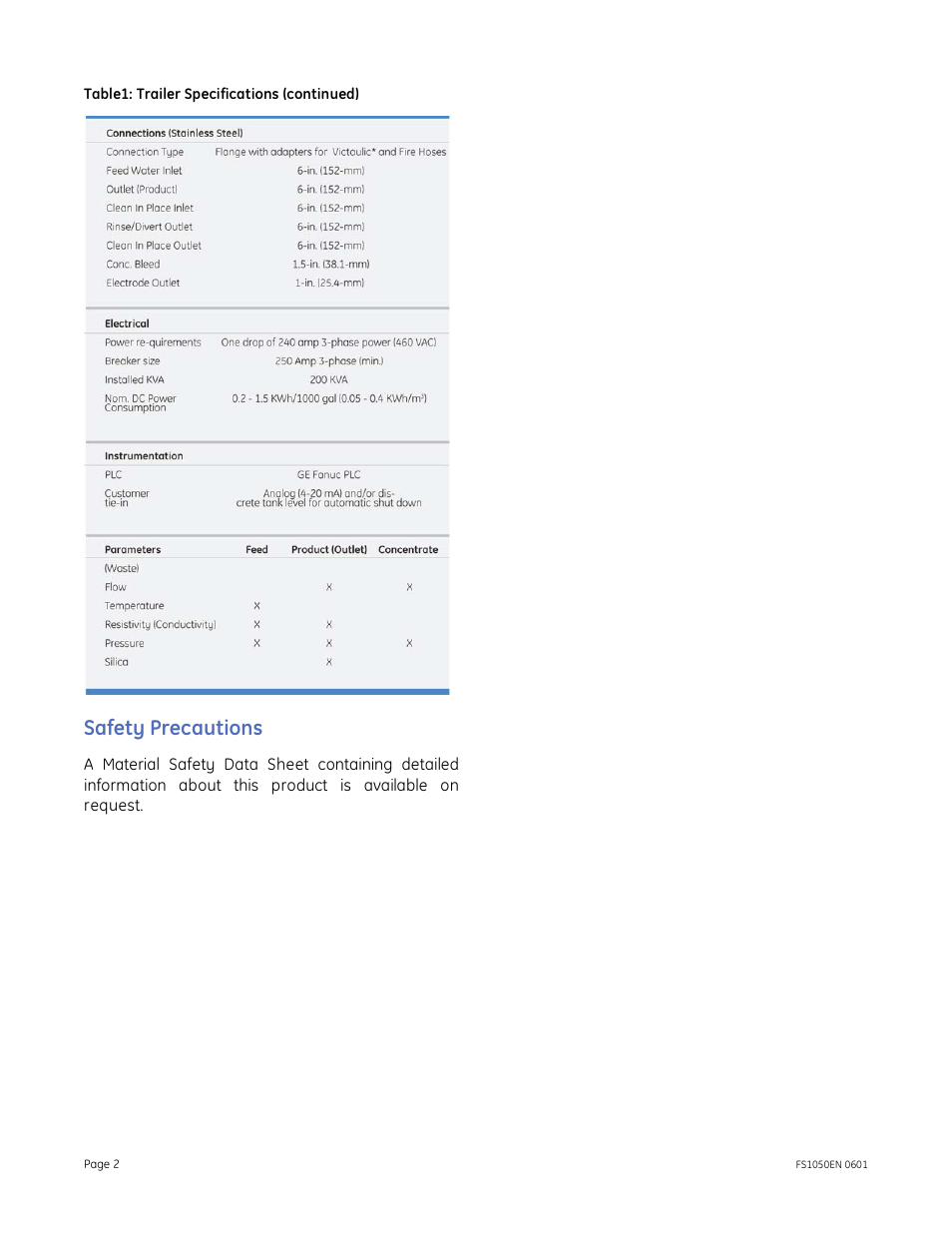 Safety precautions | GE P&W Mobile Water Treatment Systems - Mobile E-Cell Trailer User Manual | Page 2 / 2