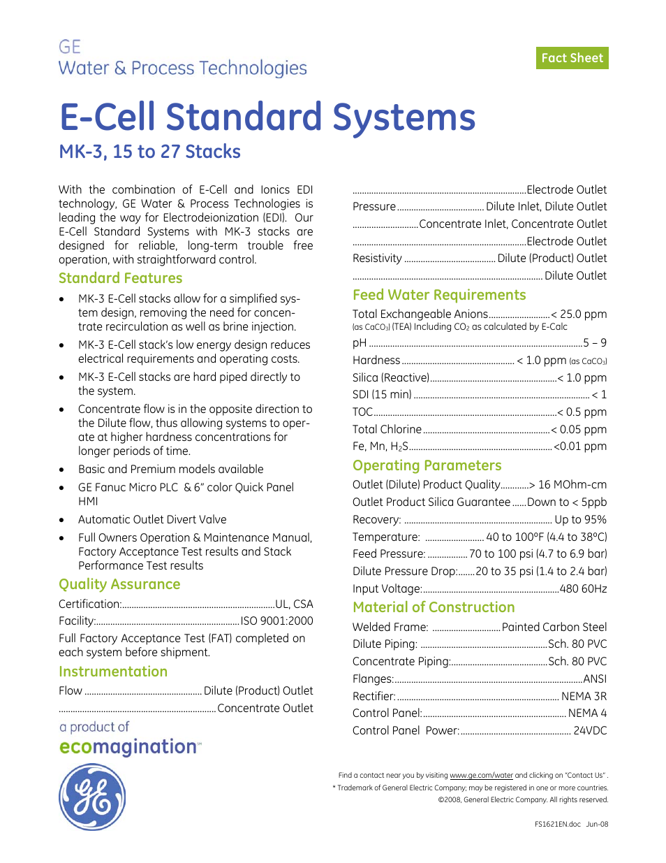 GE P&W Electrodeionization (EDI) - E-Cell Standard Systems, MK-3, 15 to 27 Stacks User Manual | 2 pages