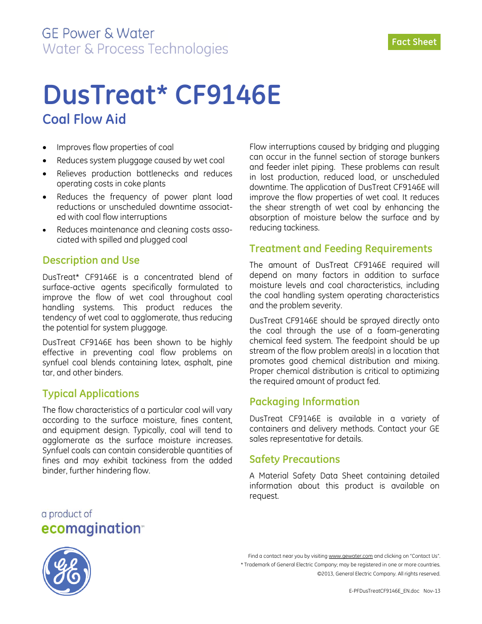 GE P&W CoalPlus - DusTreat CF9146E User Manual | 1 page