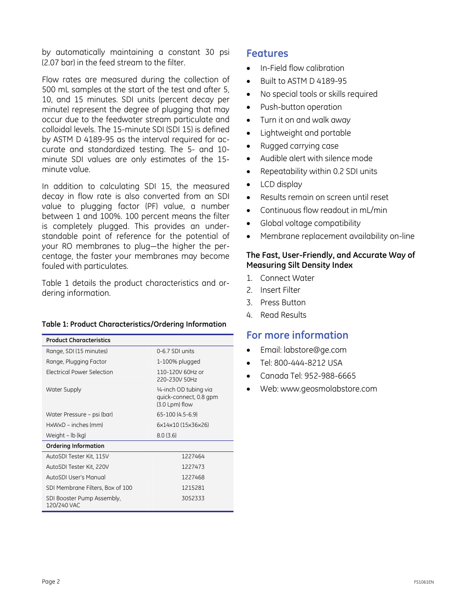 Features, For more information | GE P&W AutoSDI - Automated Silt Density Index Tester User Manual | Page 2 / 2