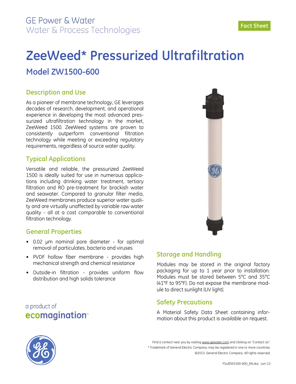 GE P&W ZeeWeed 1500 Hollow-Fiber Membranes User Manual | 2 pages