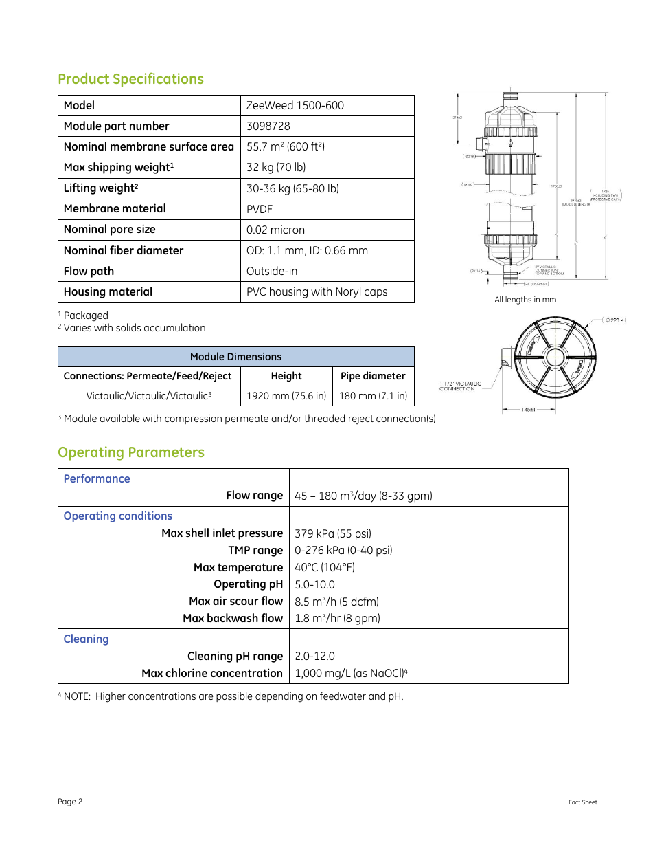 Product specifications, Operating parameters | GE P&W ZeeWeed 1500 Hollow-Fiber Membranes User Manual | Page 2 / 2