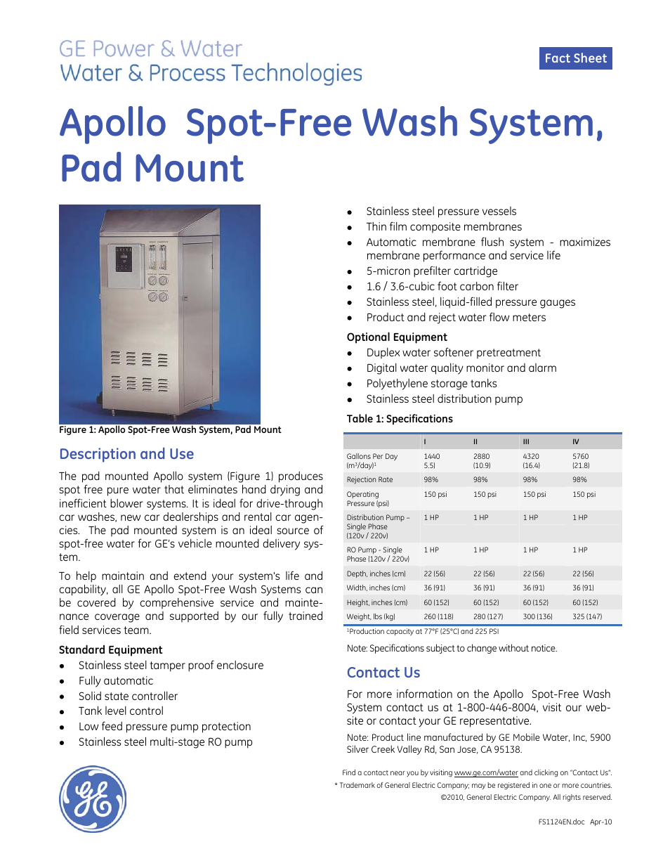 GE P&W Service Deionization (SDI) - Apollo Spot-Free Wash System, Pad Mount User Manual | 1 page