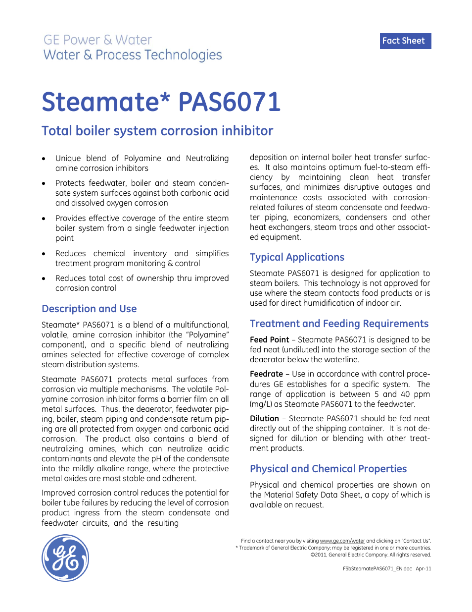 GE P&W Hydrogen Sulfide Scavengers - Steamate PAS6071 User Manual | 2 pages