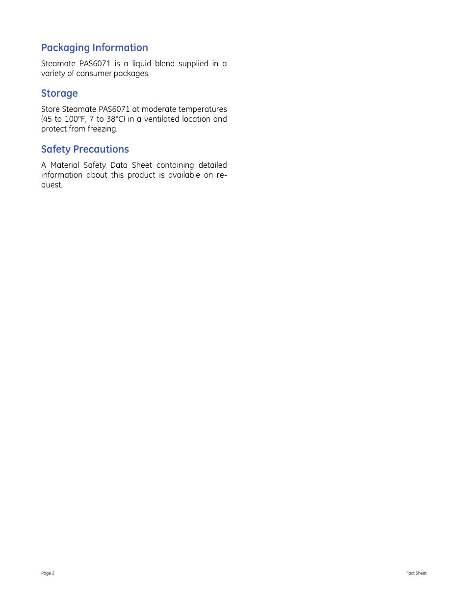 Packaging information, Storage, Safety precautions | GE P&W Hydrogen Sulfide Scavengers - Steamate PAS6071 User Manual | Page 2 / 2