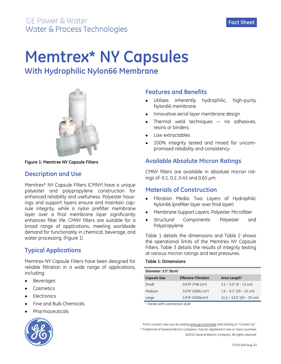 GE P&W Pleated Filters - Memtrex NY Capsule Filters with Hydrophilic Nylon66 Membrane, Absolute User Manual | 2 pages