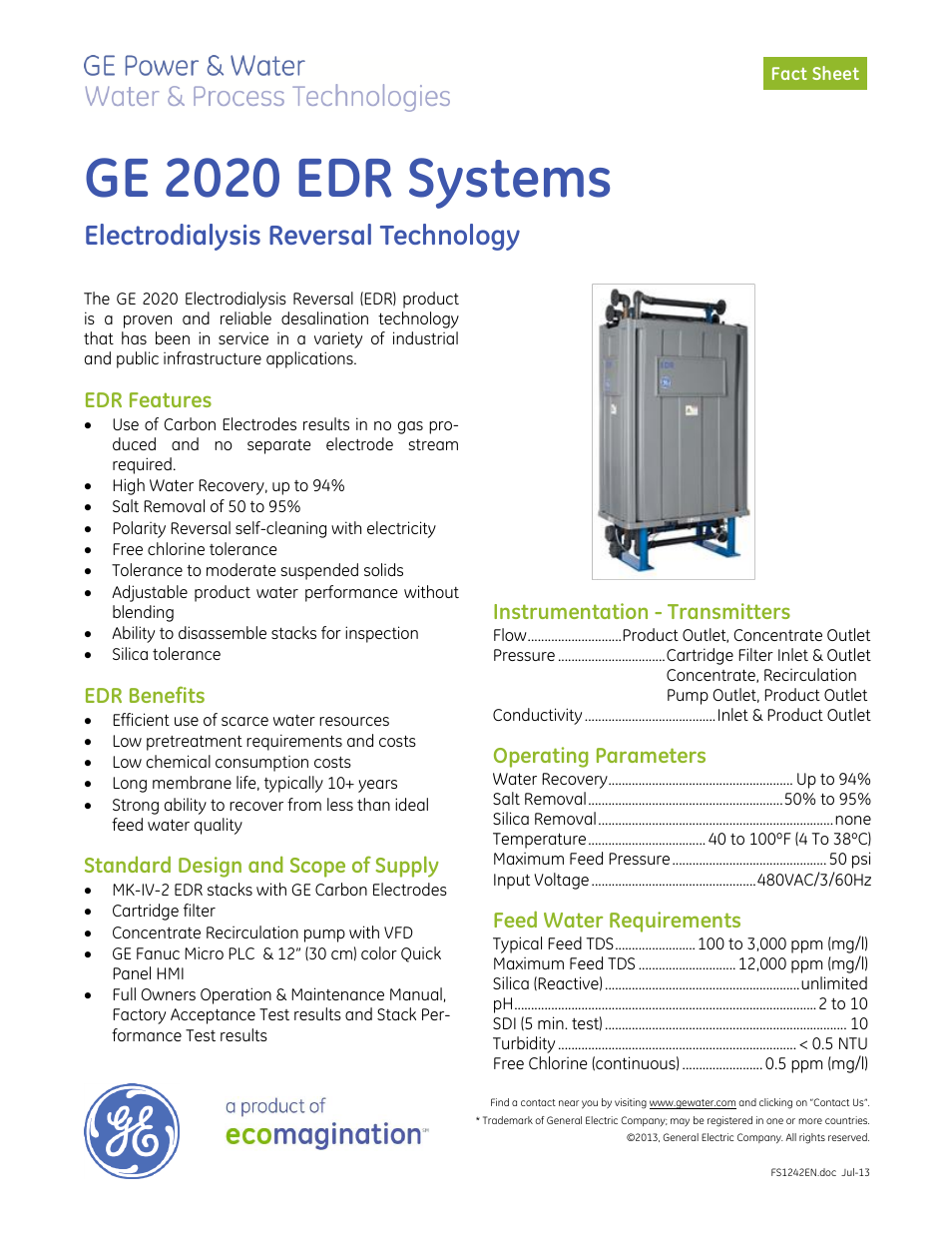 GE P&W Electrodialysis Reversal (EDR) User Manual | 3 pages