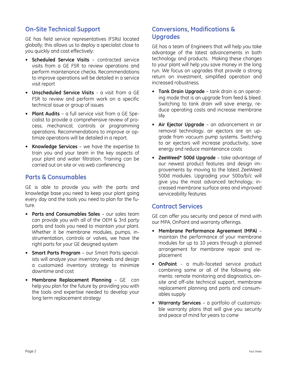 On-site technical support, Parts & consumables, Conversions, modifications & upgrades | Contract services | GE P&W Lifecycle Services User Manual | Page 2 / 2