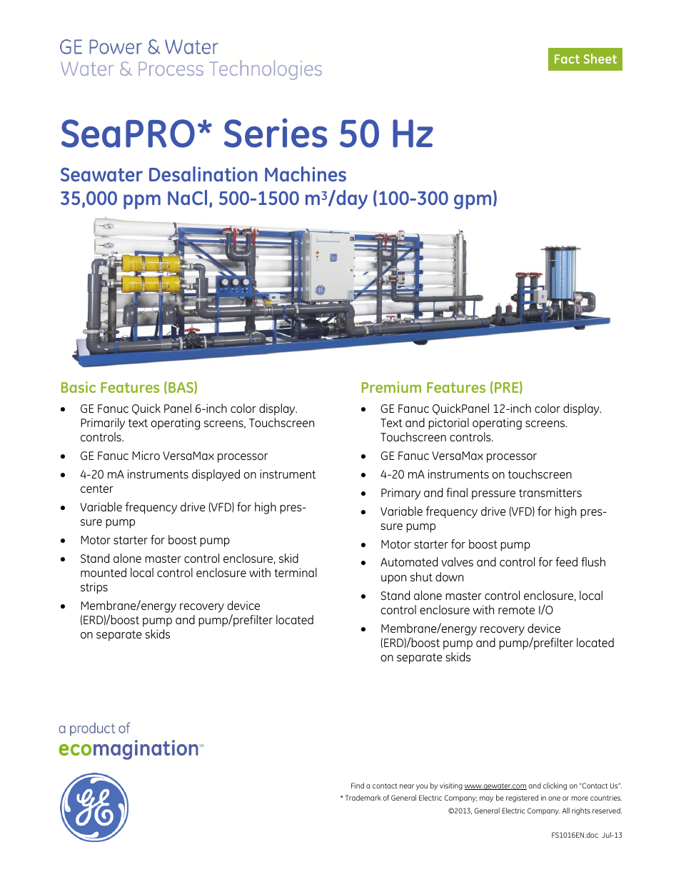 GE P&W SeaPRO Series 50 Hz, 35,000 ppm NaCL 500-1500 m3_day (100-300 gpm) User Manual | 3 pages
