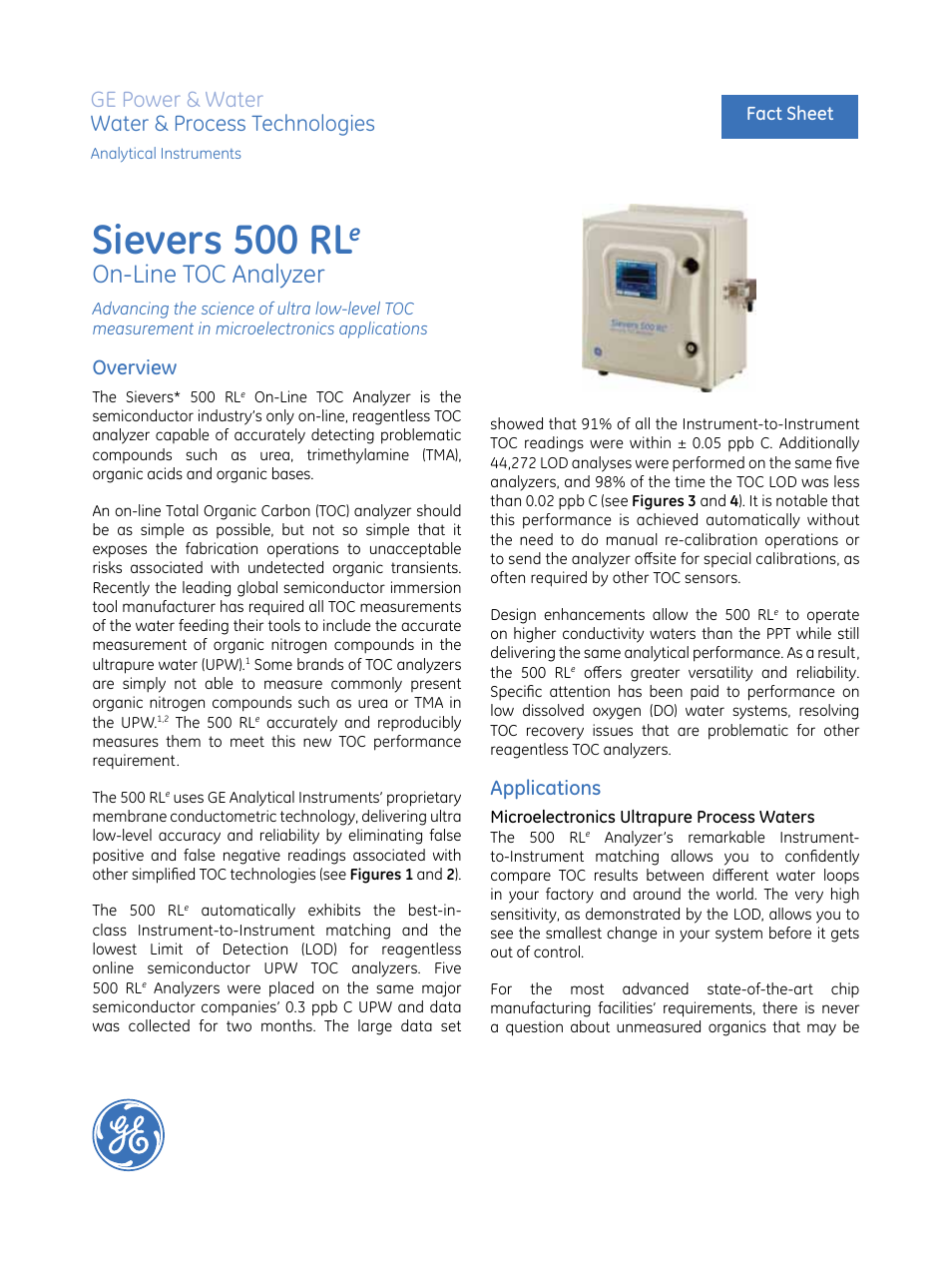 GE P&W Ultrapure and Drinking Water TOC Analyzers - Sievers 500 RLe Brochure User Manual | 4 pages