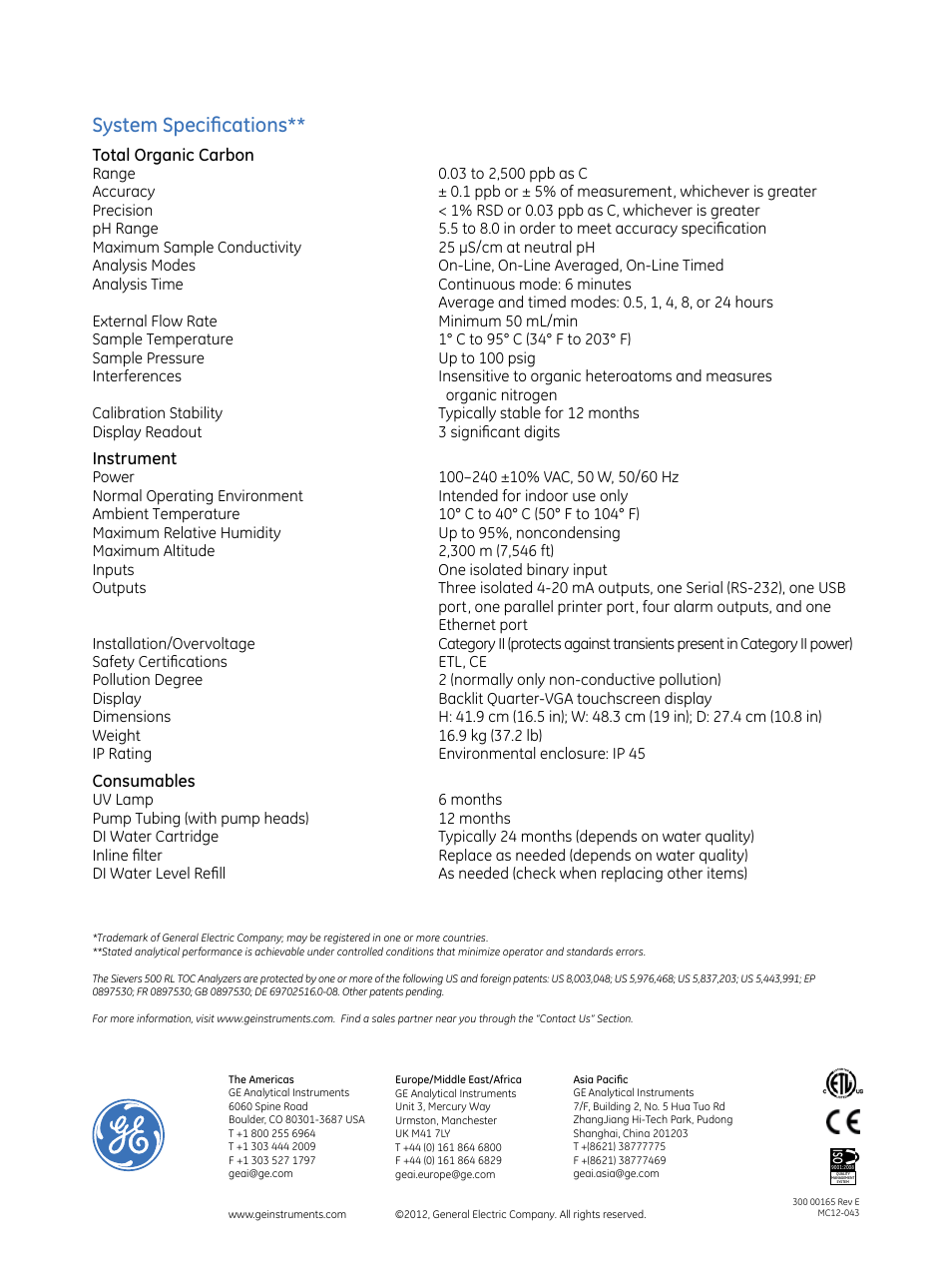 System specifications | GE P&W Ultrapure and Drinking Water TOC Analyzers - Sievers 500 RLe Brochure User Manual | Page 4 / 4