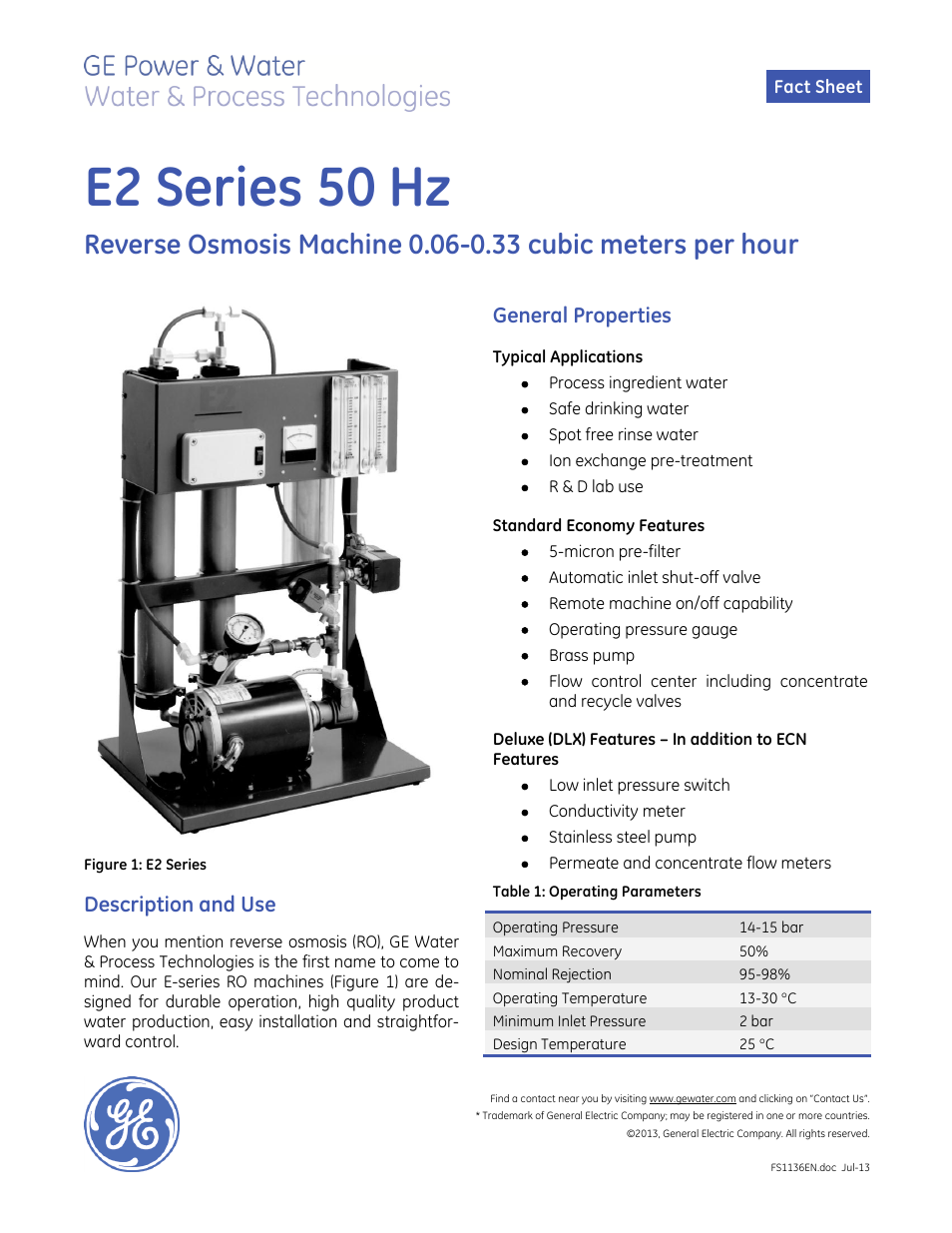 GE P&W E-Series Reverse Osmosis - E2 50 Hz User Manual | 2 pages