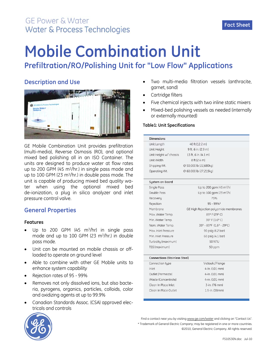 GE P&W Mobile Water Treatment Systems - Mobile Combination Unit User Manual | 2 pages