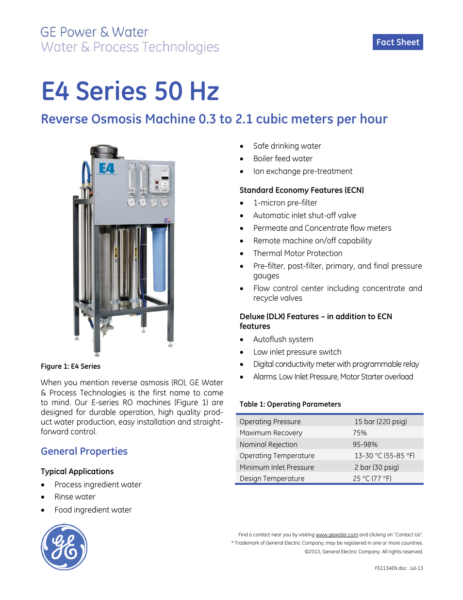 GE P&W E-Series Reverse Osmosis - E4 50 Hz User Manual | 2 pages