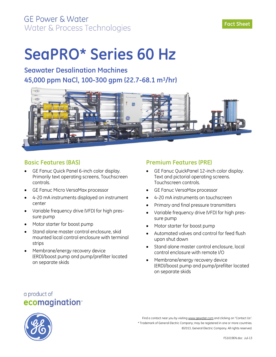 GE P&W SeaPRO 60 Hz 45,000 ppm NaCl 100-300 gpm User Manual | 3 pages