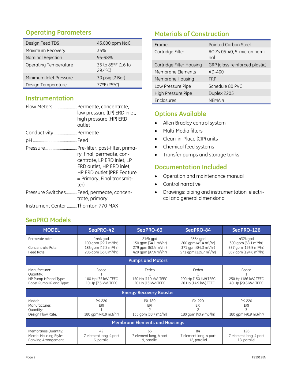 Operating parameters, Instrumentation, Materials of construction | Options available, Documentation included, Seapro models | GE P&W SeaPRO 60 Hz 45,000 ppm NaCl 100-300 gpm User Manual | Page 2 / 3